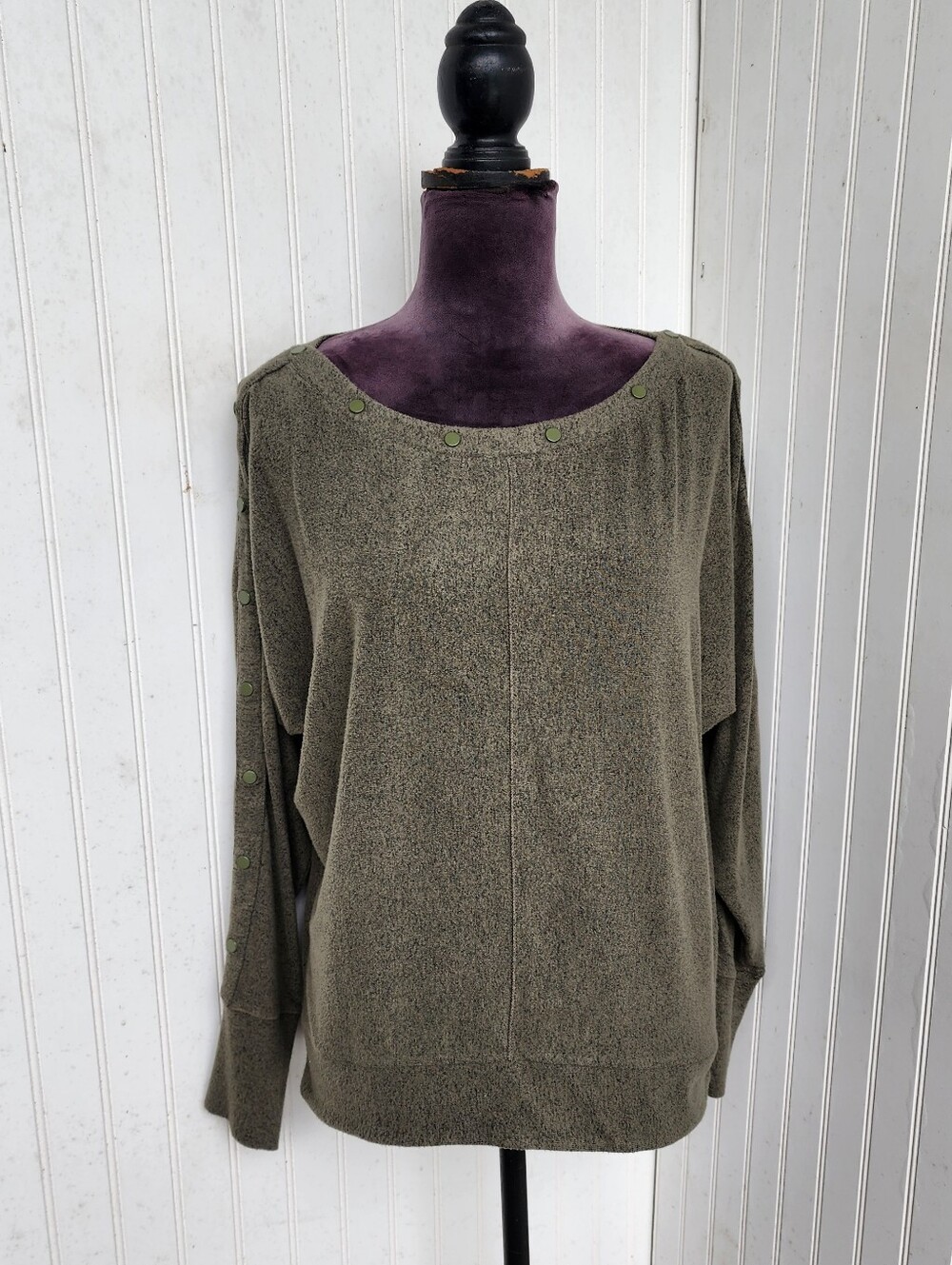 White House Black Market Womens Olive Green Knit Scoop Neck Sweatshirt Rayon M